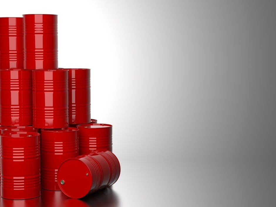 Bunch of Red Barrels for Oil on Gray Background. 3D Render..jpeg